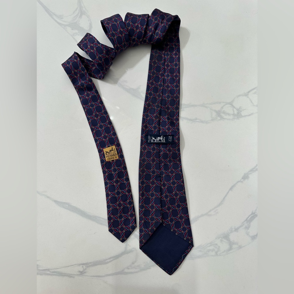 Hermes Tie Silk Chain Link Pattern Geometric Print - Picture 7 of 8